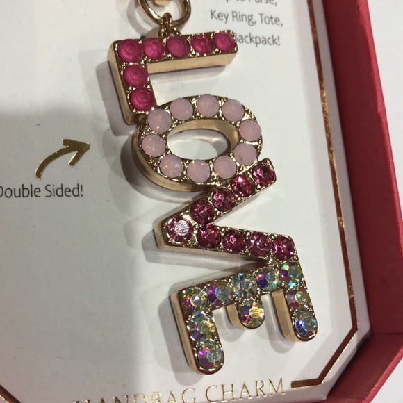 Pink Gemstone‎ adorned gold tone LOVE monogram bag charm new - Picture 2 of 5